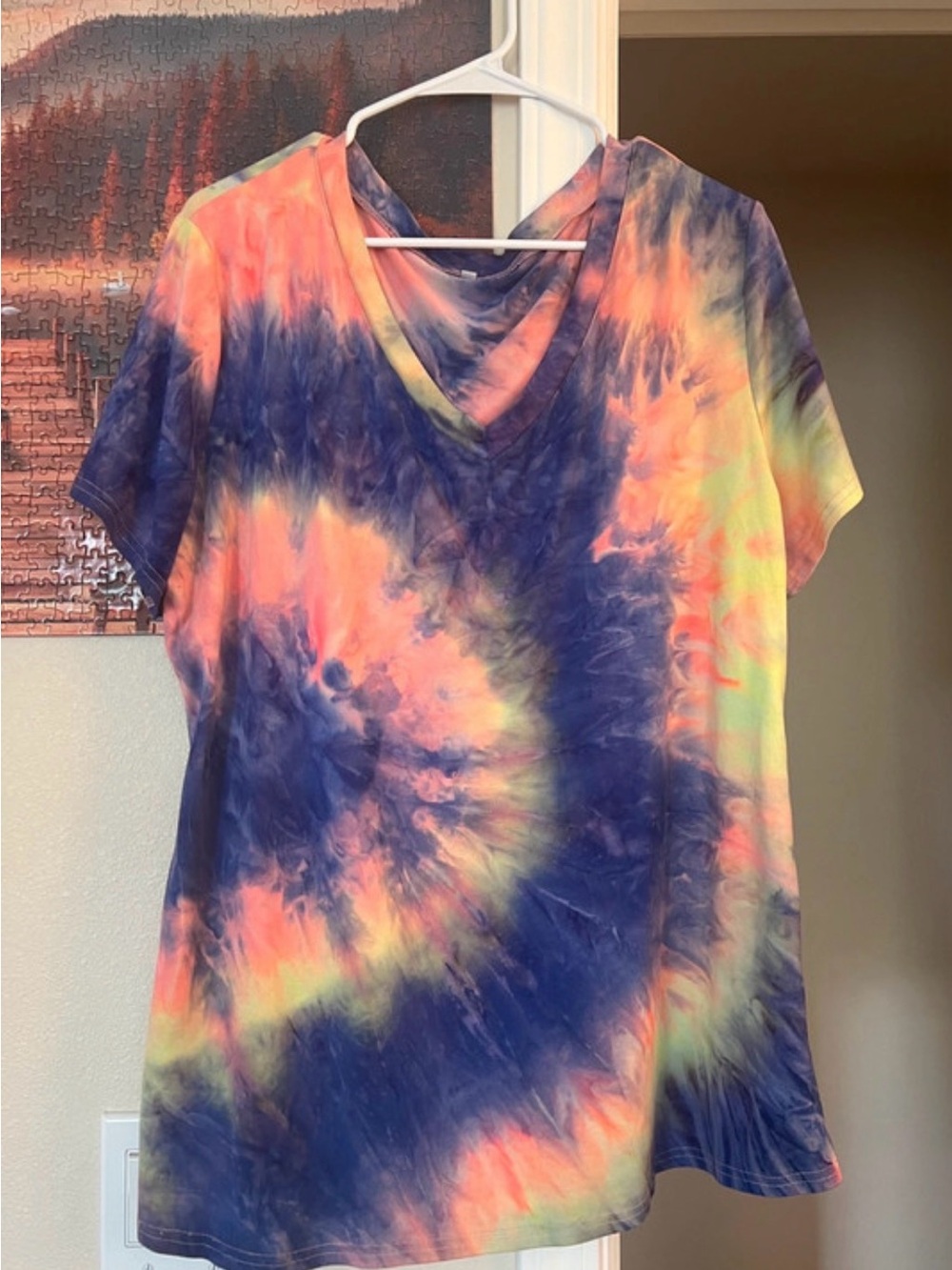 Tie-Dye V-Neck Women’s Top in Navy, Pink & Yellow